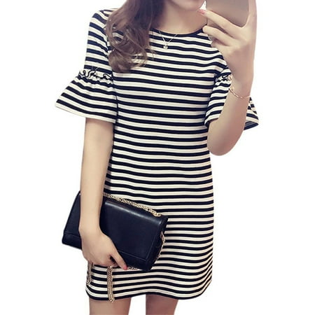 Stripe Jersey Ruffle Dress - Funcee Fashion Plus Size Summer Women Girls Striped Ruffle Sleeve Mini Dress