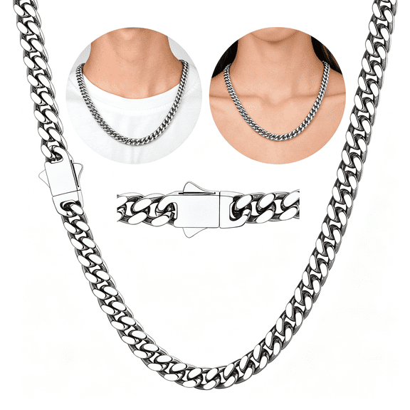 DESIGNICE Mens Stainless Steel Necklaces Chain Necklace for Men Women 7mm Width Silver Cuban Link Chains Jewelry Gifts, Silver Necklace 18/20/22/24/26/28/30 inch