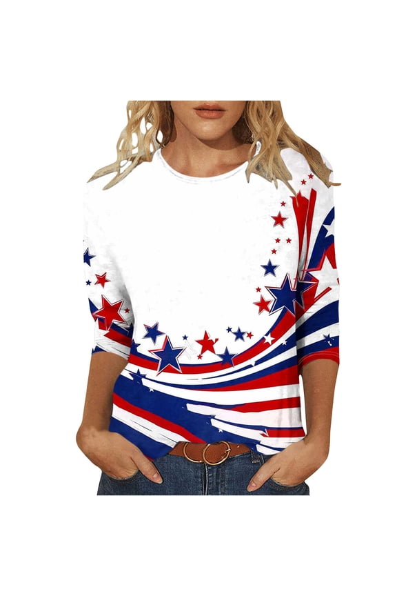 Summer American Flag Graphic Tops Round Neck 3/4 Sleeve Top American Flag Printed Tunics Blouses Trendy Sequined T Shirt Loose Dressy Tunic Blouses Going Out Holiday Party Streetwear