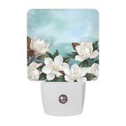 White Floral Night Lights, Spring White Magnolia Vintage Plants Farmhouse Farm Blue Smart Auto Dusk to Dawn Sensor Nightlights Plug-in Nightlight for Bedroom Bathroom Living Room Kitchen Hallway