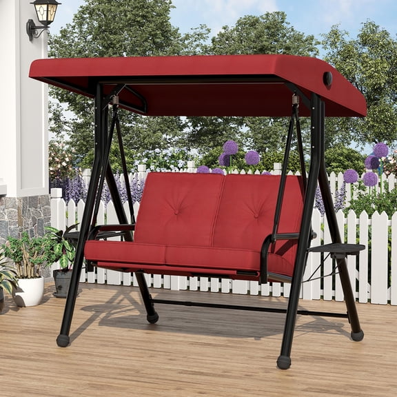 Huisuilinss Patio Swing,2 Person Porch Swing With Stand,2 Seat Outdoor Porch Swing,Adult Outdoor Swing With Adjustable Canopy,Thickened Removable Cushions,Cup Holders For Backyard Porch Garden