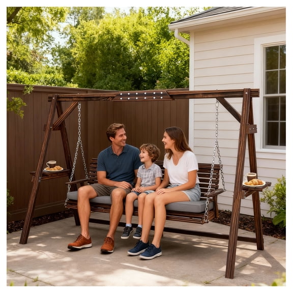 3 Person Porch Swing with Stand, Outdoor Wooden Swing with Cushion - Garden Patio Backyard - Carbonized Brown
