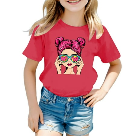 

Girls Shirts Cute Graphic Print Round Neck Short Sleeve Tee Summer Casual T Shirts Athletic Wear Tops 5-6 Years