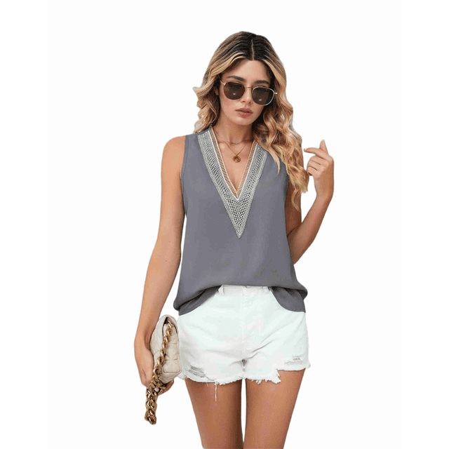 Camisetas Sin Mangas para Mujer, Blusa de Encaje Sin Mangas con Cuello en V, Chaleco Informal, Camisola de Verano, Camisas Grises M