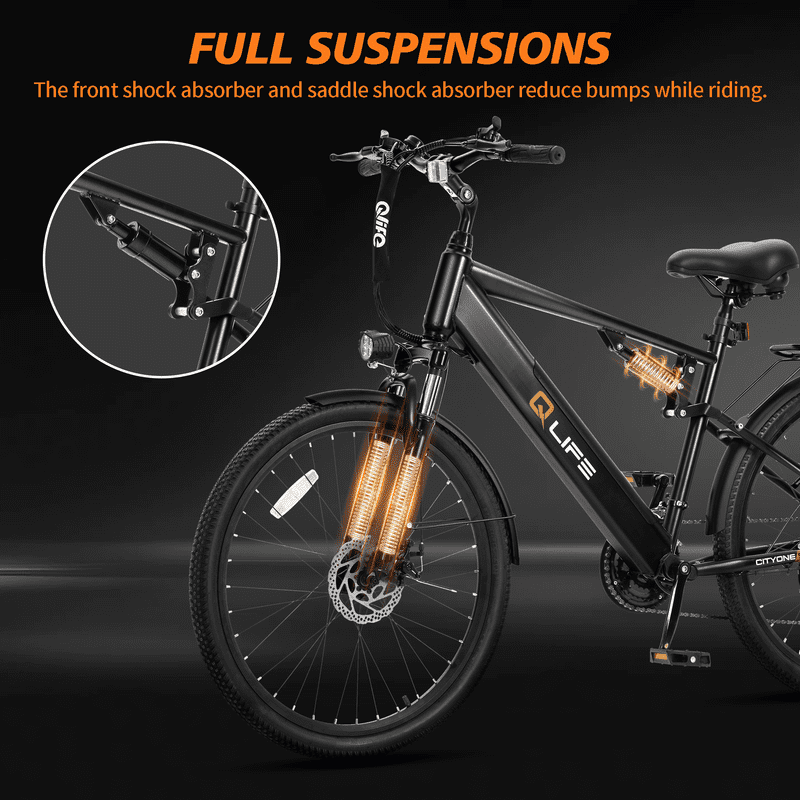 Qlife Cityone SO Electric Bike for Adults 26" Ebike,Full Suspension Peak 1200W Motor Ebikes with 21 Speed Carbon Steel Mountain Bicycle Black