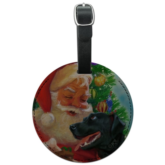 Christmas Holiday Santa and Black Lab Labrador Dog Round Leather Luggage Card Suitcase Carry-On ID Tag