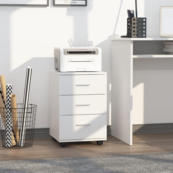 Small File Cabinet with 3 Drawers and Locks, Mobile Standing File Cabinet on Wheels, Under Desk Office Drawer, 15.7" x 15.7" x 24.2", White
