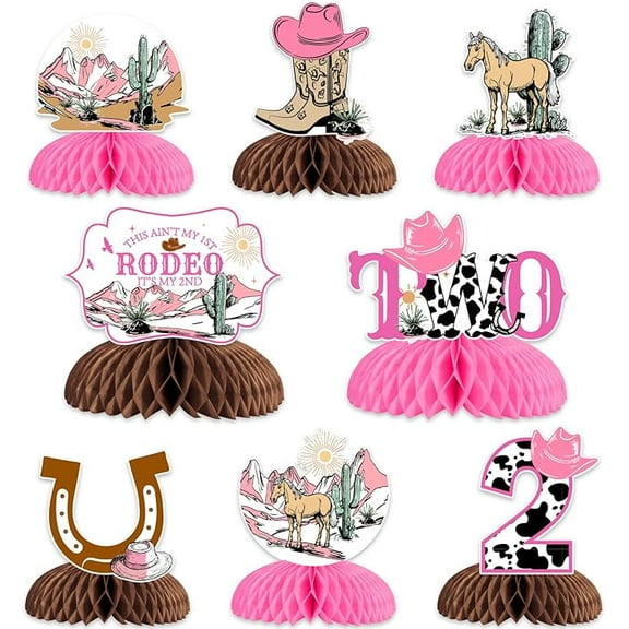 Cowgirl 2nd Birthday Decorations, 8pcs This Ain't My First Rodeo It's My Second Honeycomb Centerpiece Pink Cowgirl Table Topper for Western Cowgirl Rodeo Theme Birthday Party Supplies
