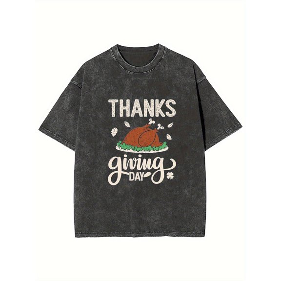 Thanksgiving Tee Black S-2XL Roasted Turkey Graphic Short Sleeve Cotton T-Shirt Top Holiday Casual Plus Size