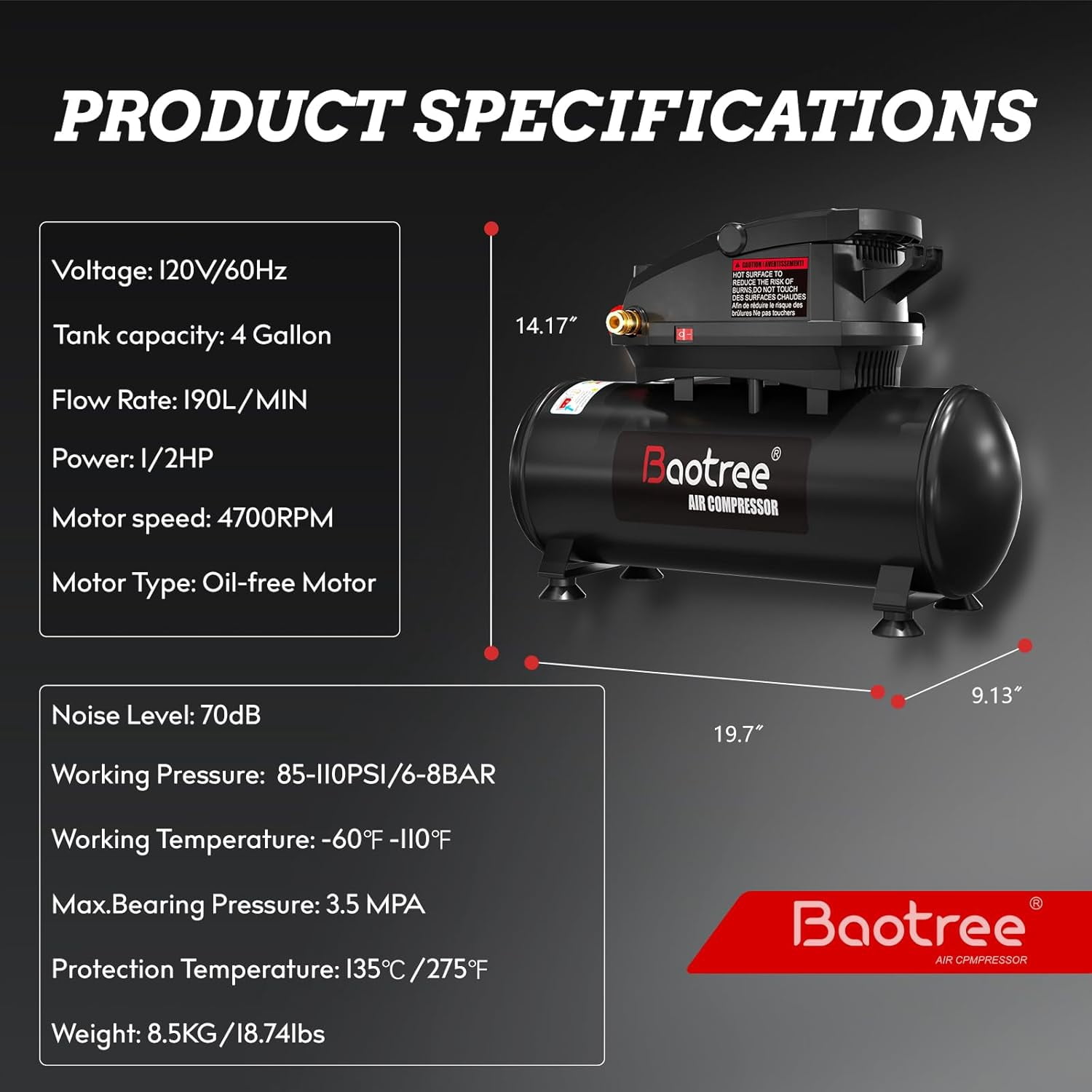 4Gallon Portable Air compressor, 0.5HP Motor Oil Free Air Compressor Tank, Max 110PSI Garage Air Compressor for Car Repair