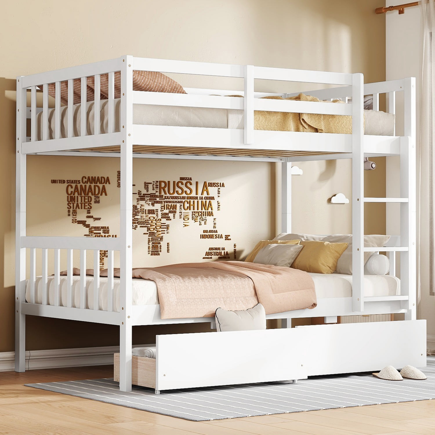 Twin Over Twin Rubber Wood Bunk Bed with Storage Drawers, Convertible Wood Bunk Bed Frame with Safety Guardrails and Ladder, Space Saving Kids Bed for Bedroom, White