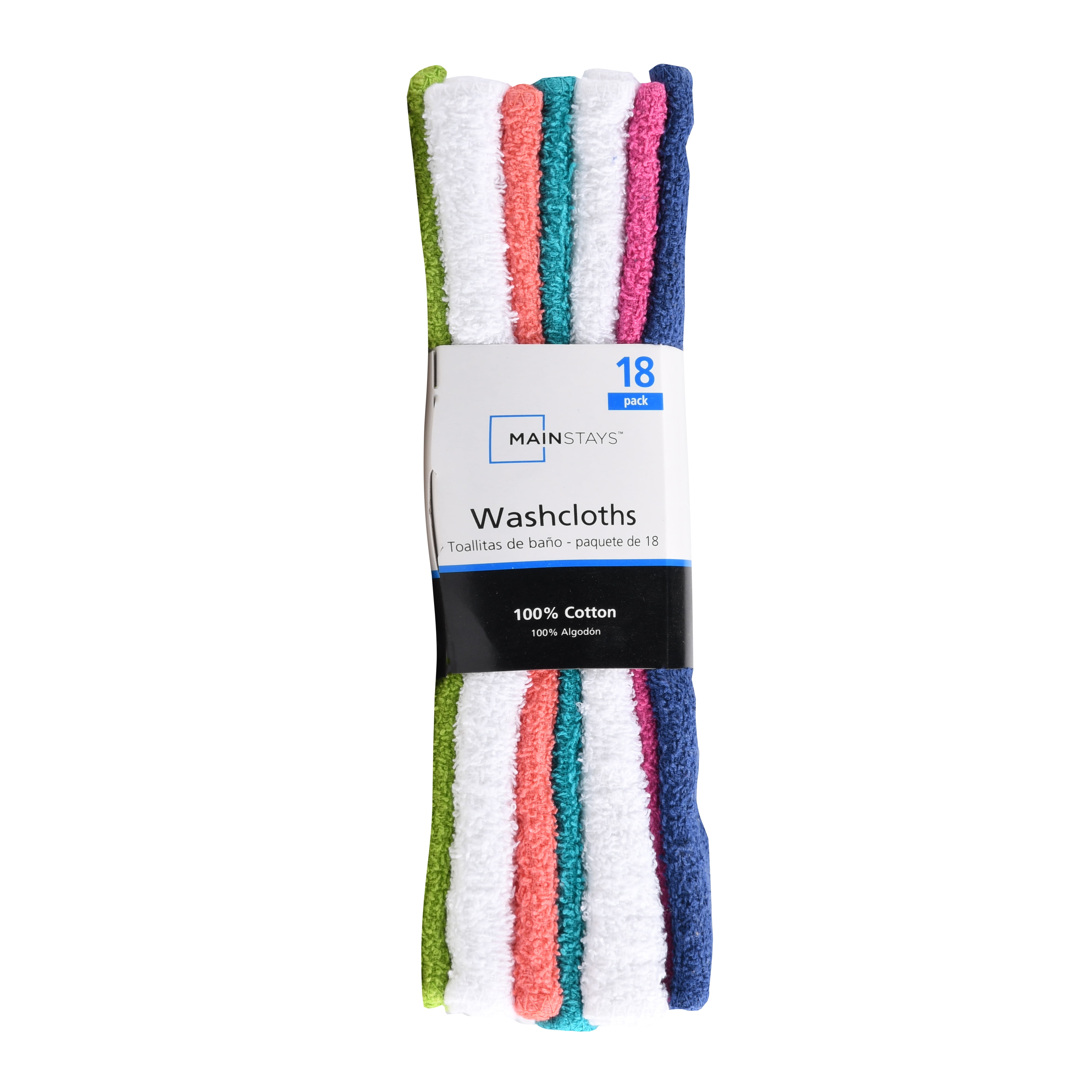 Mainstays Cotton Washcloth Collection, 18-Pack, Primary