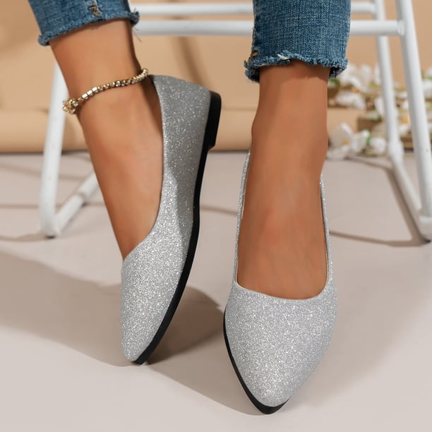 Oyedens Silver Dress Shoes for Women Glitter Pointed Toe Dressy Flats for Ladies Bride Wedding