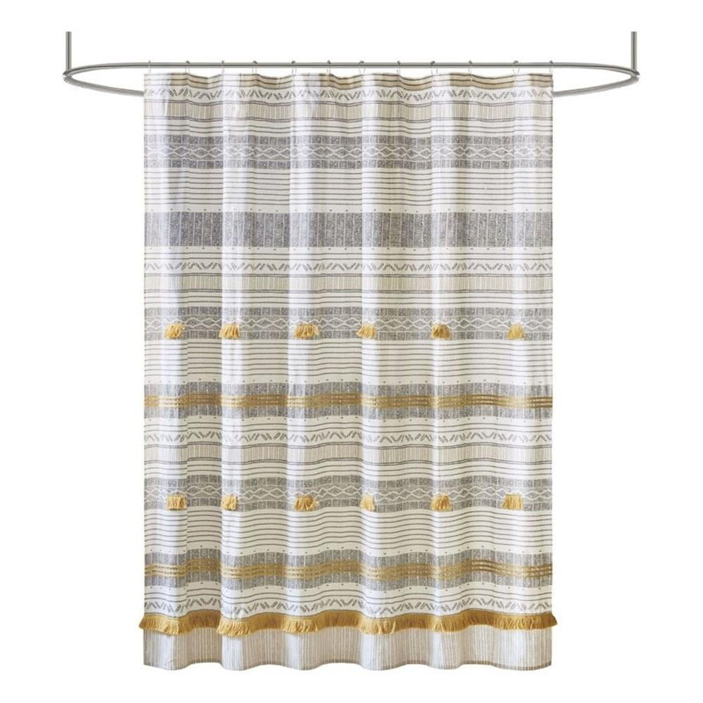INK+IVY Cody Cotton Stripe Printed Shower Curtain with Tassel in Gray/Yellow