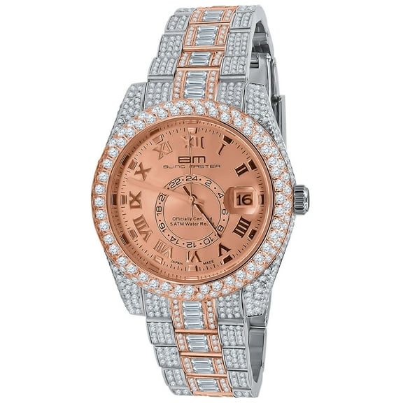 2 Tone Rose Gold Mens Solid Stainless Steel Simulated Diamond Watch 42mm W/Date knight