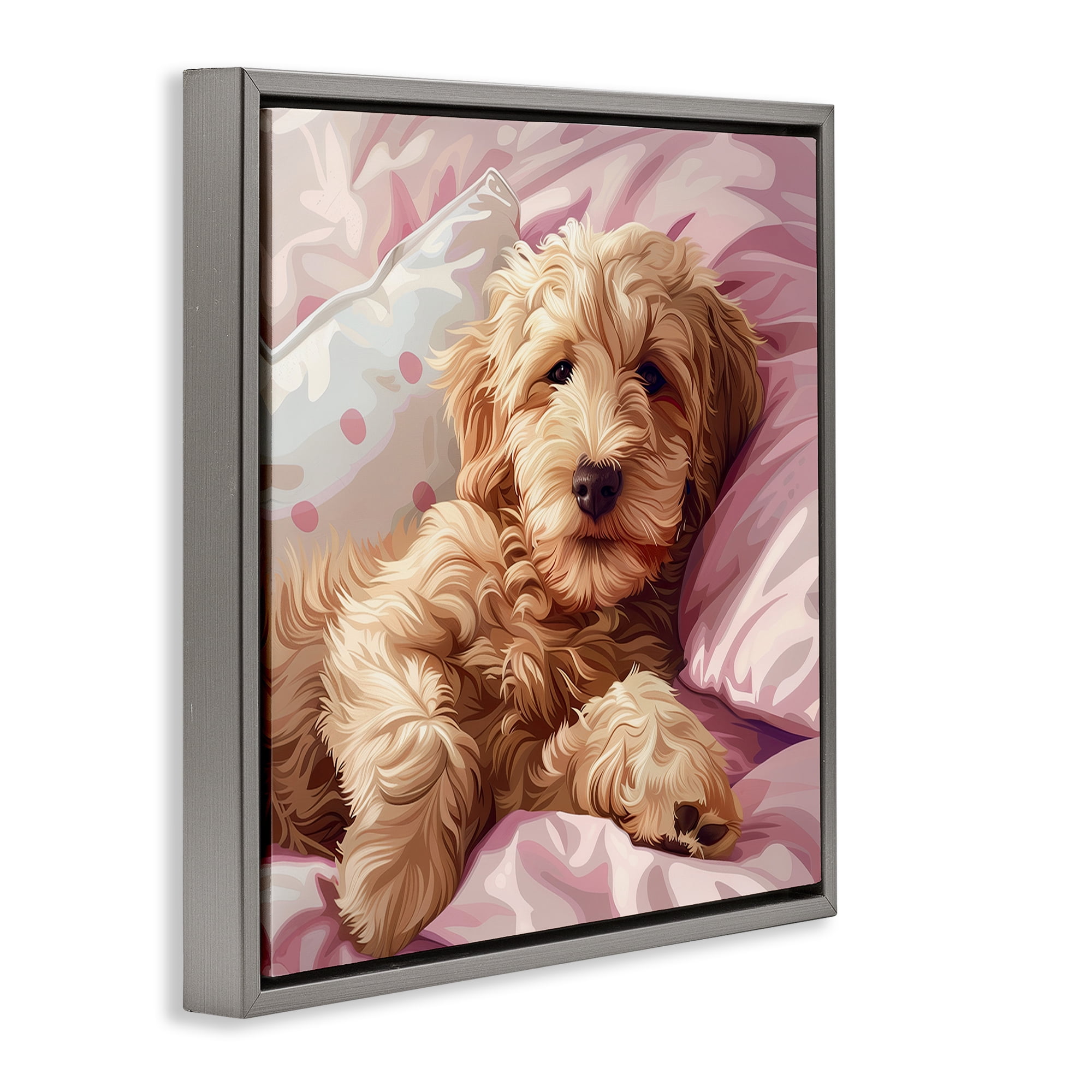 Stupell Industries Sleepy Labradoodle in Bed Animals Painting Gray Floater Framed Canvas Art Print Wall Art, 18 x 18