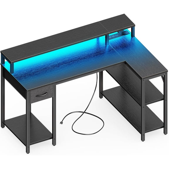 inch L Shaped Gaming Desk with LED Lights & Power Outlets, Reversible Computer Desk with Shelves & Stand, Corner Desk with Drawer, for & Office, Black