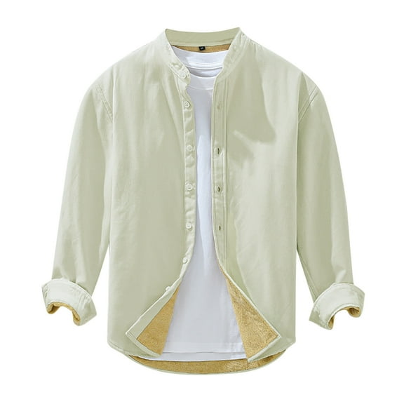 JTieacloth Button Down Shirt for Men Men's Winter Vintage Long Sleeved Shirt Youth Loose Solid Color Pocket Less Men's Coat Beige