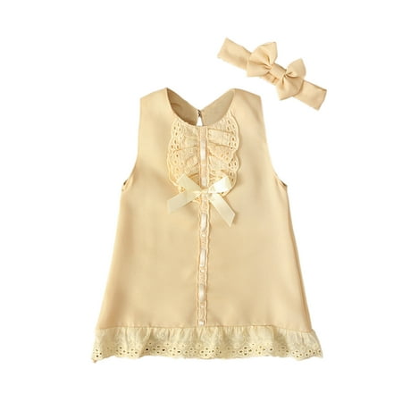 

YWDJ 0-24Month Girl Dress Toddler Kids Summer Lace Solid Color Sleeveless Cute Bow Dress Suit Yellow 12-18 Month