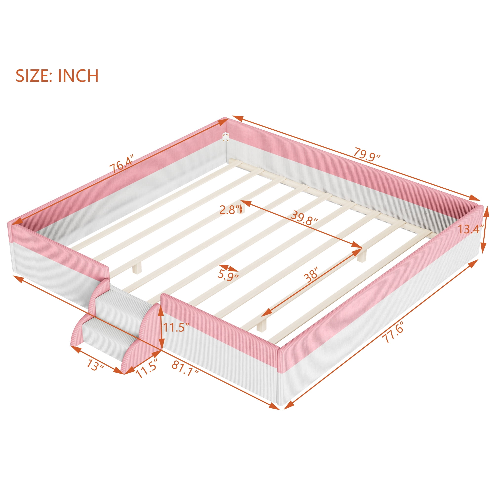Howcool King Size Corduroy Upholstered Floor Bed with Fence and Smart LED Lights,2-Tier Steps Platform Bed Frame,Pink+White