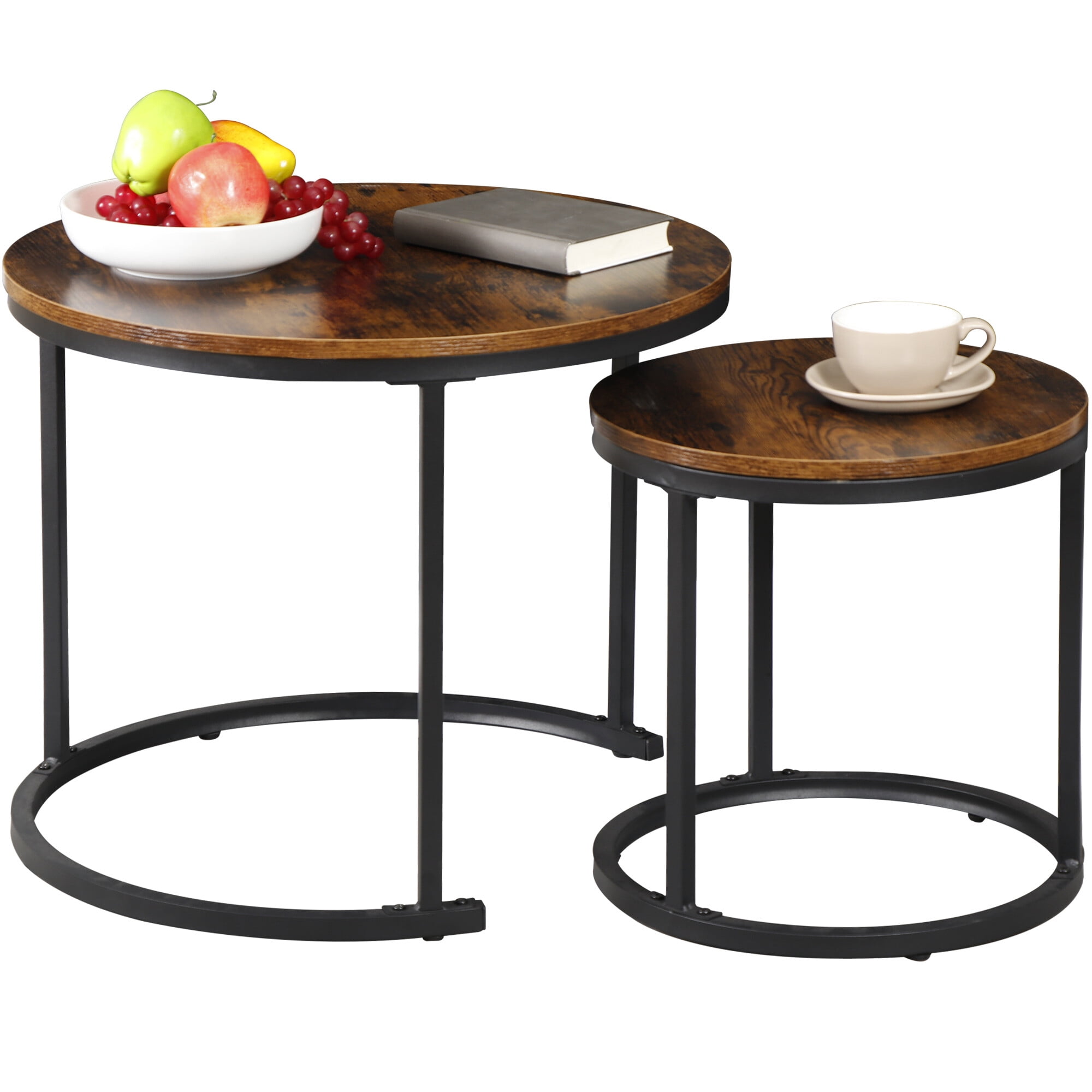 ZENSTYLE Set of 2 Round Coffee Tables Metal Frame Nesting Coffee Table for Living Room Balcony Office