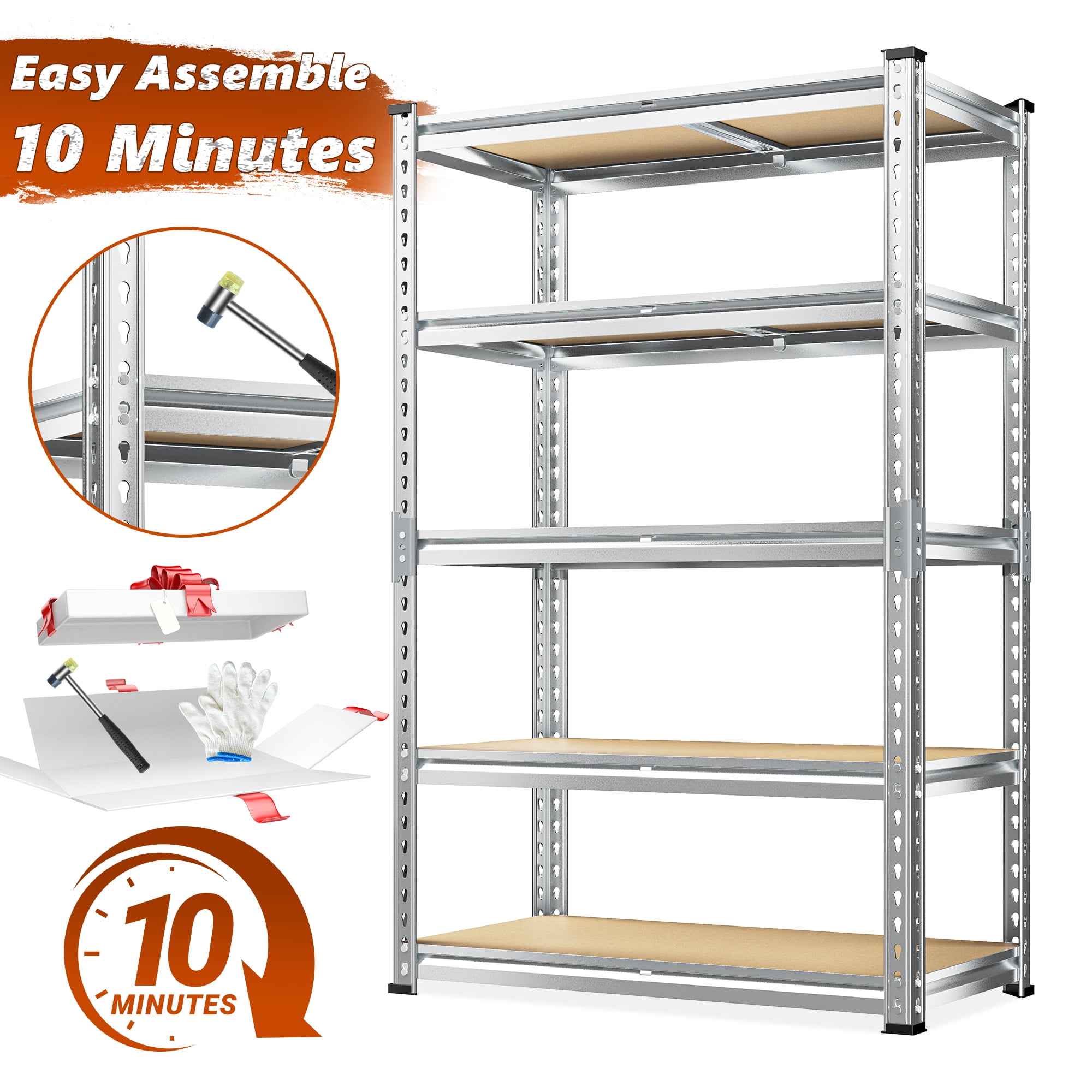 REIBII 2020LBS Storage Shelves 5 Tier Garage Shelving Heavy Duty Adjustable Shelf Units for Warehouse Pantry Closet,35.5"Lx11.9"Wx 72"H,Galvanized