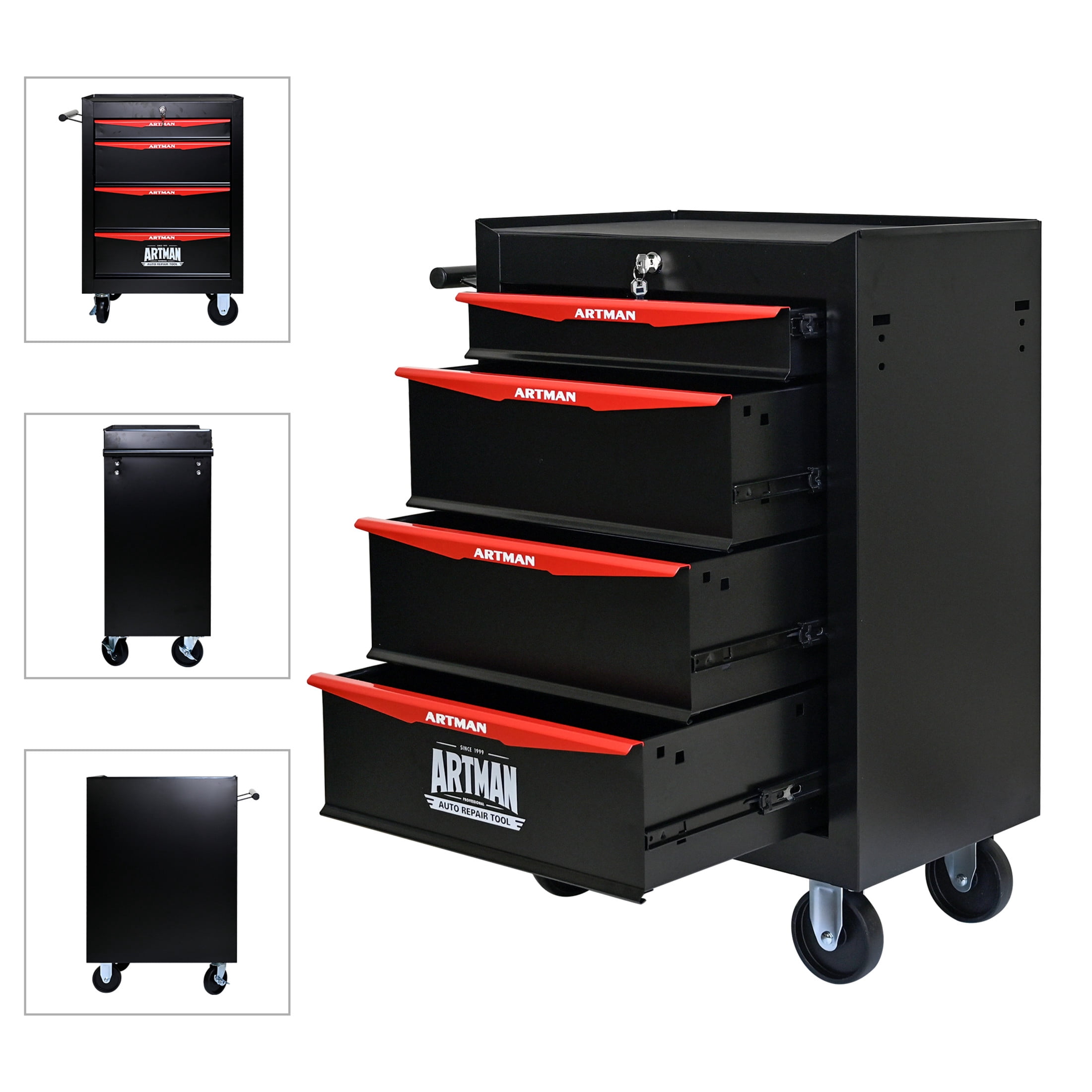 Noble House 4-Drawer Mobile Steel Tool Organizer with Key Lock, Ball Bearing Slide Storage Cabinet Box, Black