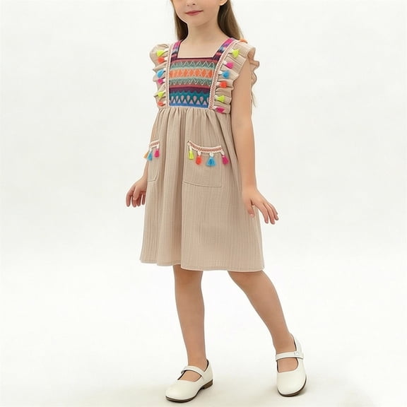 DAETIROS Girls Boho Summer Dress Kids Sleeveless Soft Stretchy Khaki Embroidered Square Neck Ruffle Dress with Pockets,Size 4-5 T