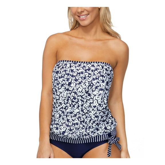 ISLAND ESCAPE Women's Navy Printed Stretch Removable Cups Bandeau Neck Convertible Adjustable Love Songs Coral Gables Tankini Swimsuit Top 8