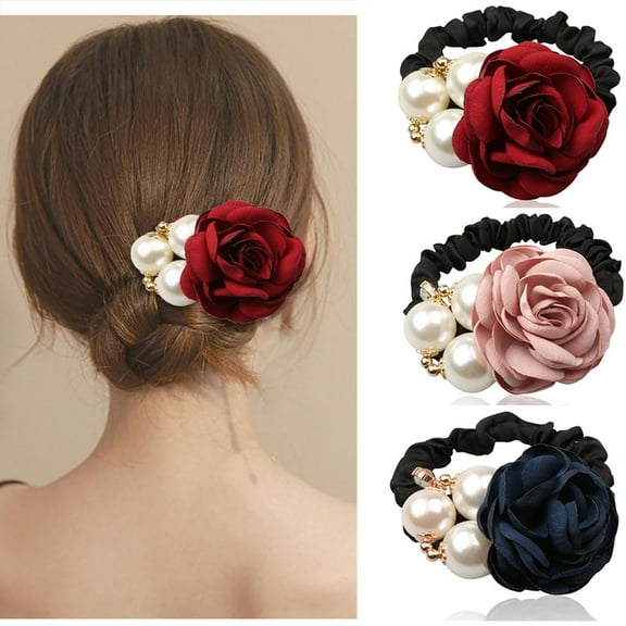 3pcs Pearl Rhinestone Rose Flower Hair Bows Elastics Bands Hair Ties Pearl Hair Bands Ponytail Holder Elastic Hair Scrunchies Hair Accessories Jewelry Rubber Band for Women Girls