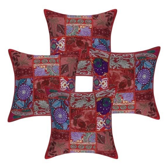 Stylo Culture Indian Cotton Home Decor Throw Pillow Sham Covers Red 12x12 Bohemian Vintage Patchwork Indian Couch Cushion Covers 30 x 30 cm Living Room Abstract Square Pillowcases | Set Of 4