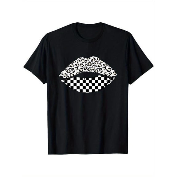 Light - Hearted Fashion Lip Graphic Tee, Tops Has Leopard & Checkerboard Lip Design, Round Neck Regular Fit T - shirts, Size(S - 5XL)