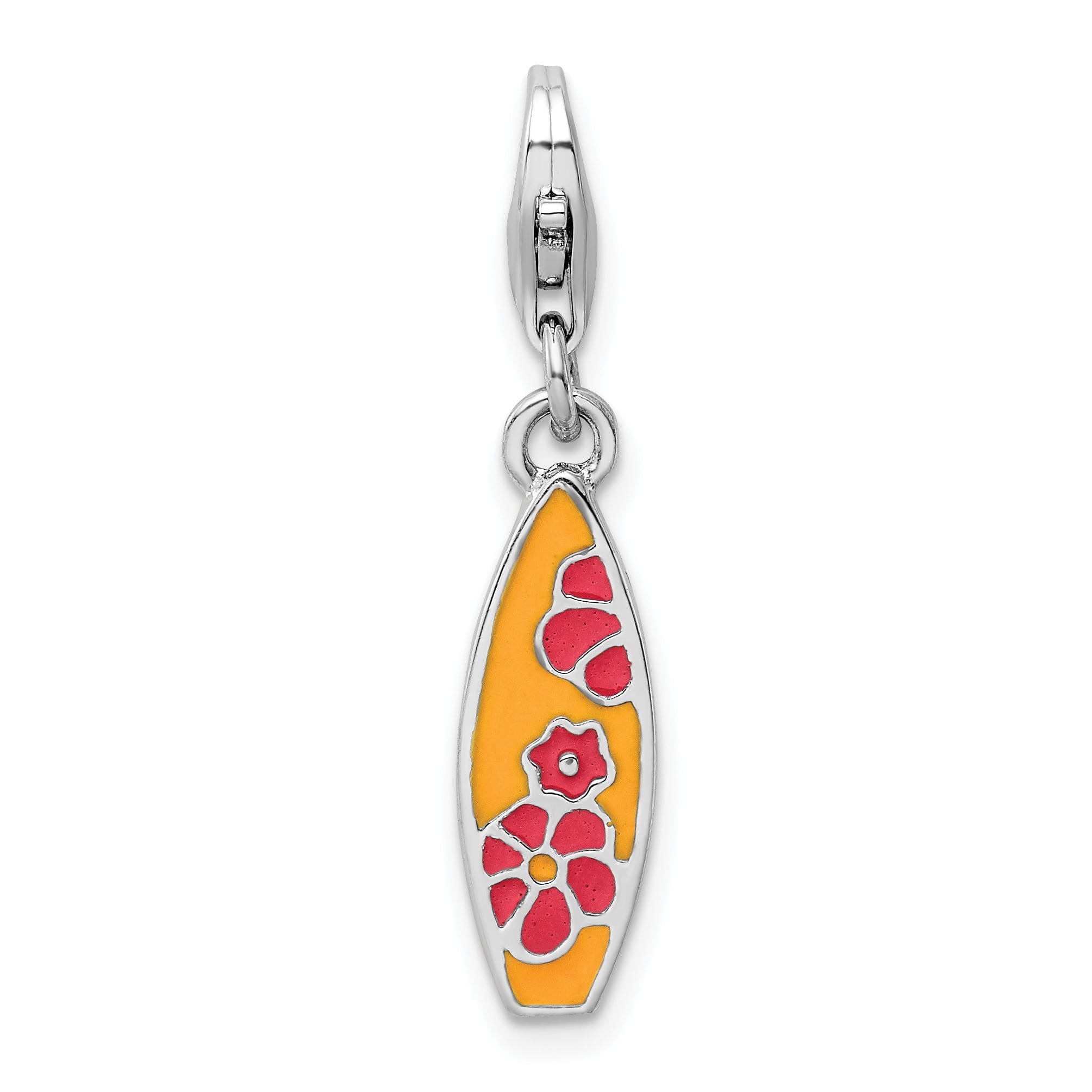925 Sterling Silver Rhodium-plated Enameled Surf Board with Flowers Lobster Clasp Charm