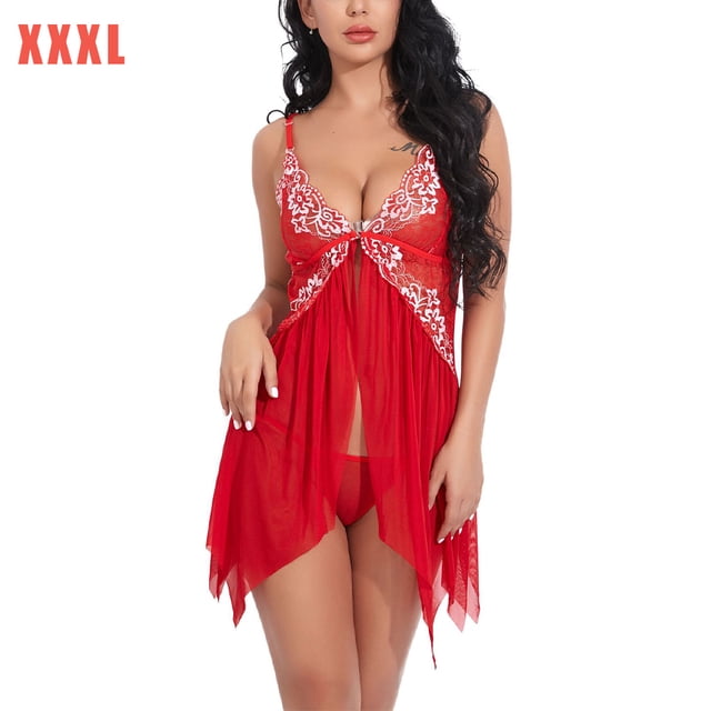 Camisón de perspectiva de vestido de ropa de dormir de encaje floral sexy para mujer, rojo, XXXL kenally XX000215-27