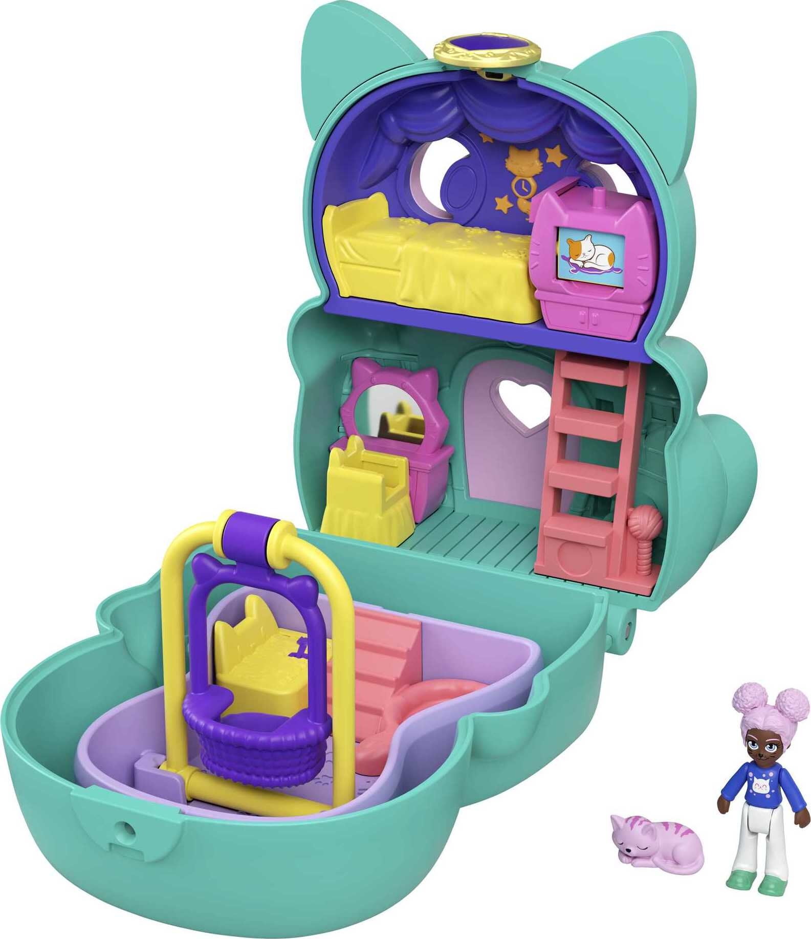 Polly Pocket Flip & Find Cat Compact, Dual Play Surface, Micro Doll, Cat Figure (Walmart Exclusive)