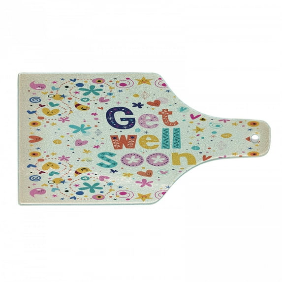 Saying Cutting Board, Get Well Soon Inspirational Positive Message Wish Cartoon Flowers Cheerful, Decorative Tempered Glass Cutting and Serving Board, Wine Bottle Shape, Multicolor, by Ambesonne