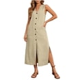 thumbnail image 5 of Bosfbaoi Dresses for Women Linen Blend Sleeveless Maxi Dress V-Neck Button Down Womens Dresses with Pockets and Side Slit Summer Dresses for Women 2026, 5 of 9