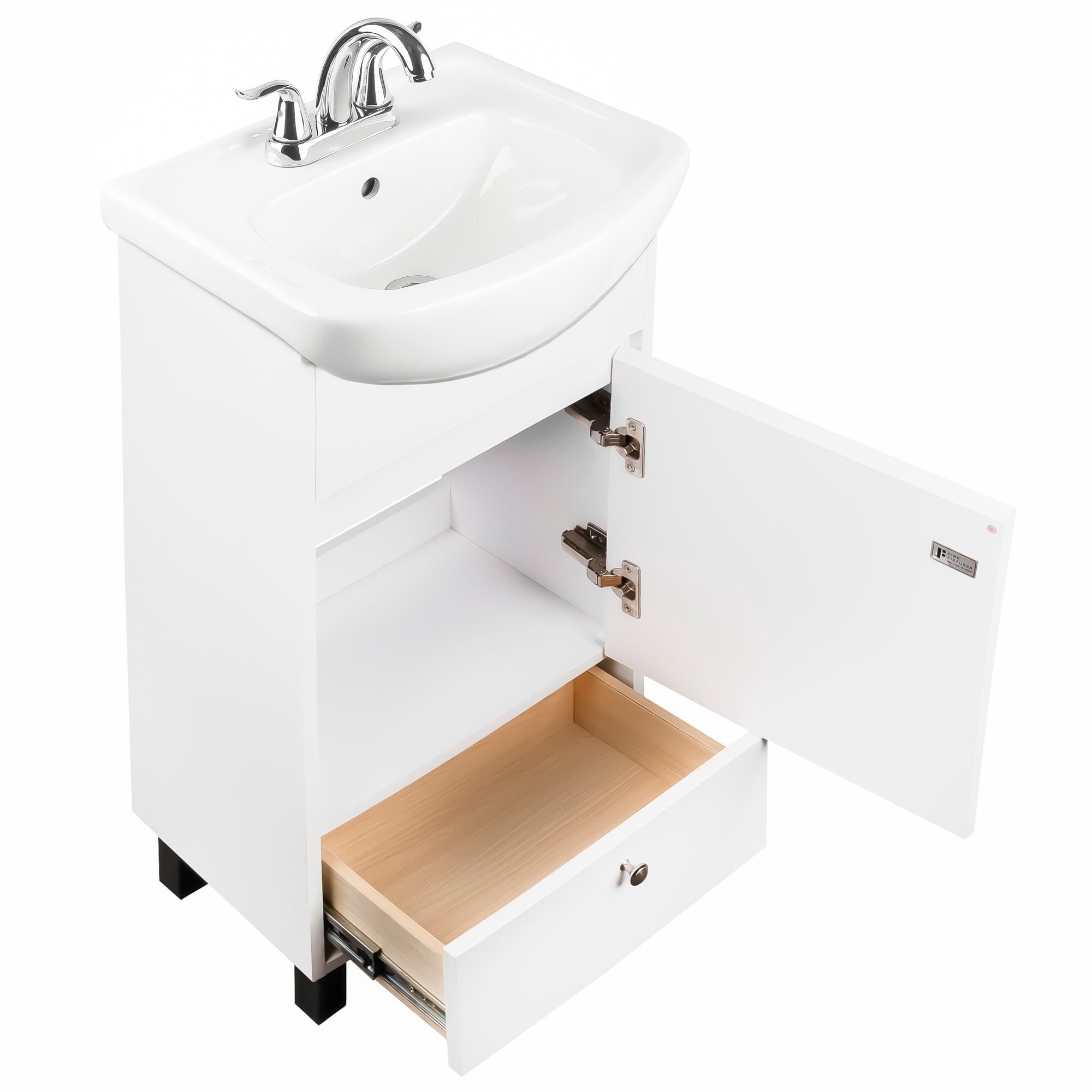 Fine Fixtures Petite 18 Inch Bathroom Vanity with Sink, Small Freestanding Bathroom Cabinet, Space-Saving Vanity Sink Combo, Satin White