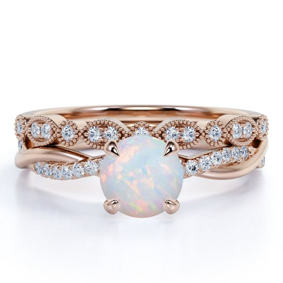JeenMata Vintage 1.75 ct Round Cut Opal and Moissanite Wedding Ring Set in 18K Rose Gold over Silver