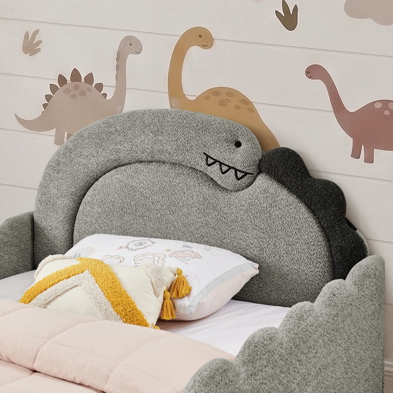 Full Size Kids Dinosaur-Shaped Platform Bed with Guardrails, Low-Profile Upholstered Boucle Fabric Playful Child Daybed Frame