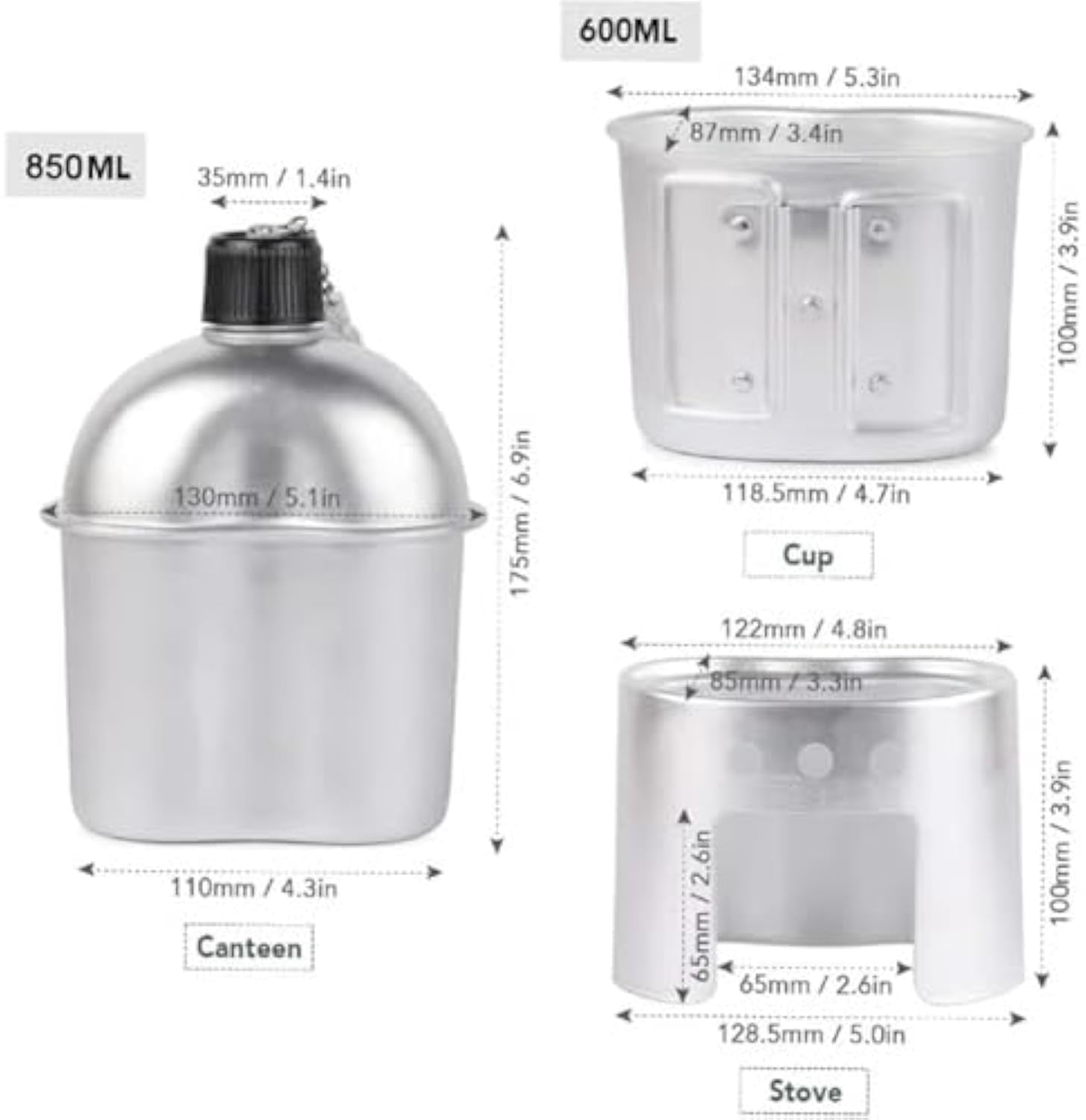Military Canteen Set of 4, Canteen Cup Stove Pouch Kit, Aluminum Water Bottle with Mess Kit, Portable Survival Gear for Camping Hiking Hunting Backpacking Outdoor Use(2Set)
