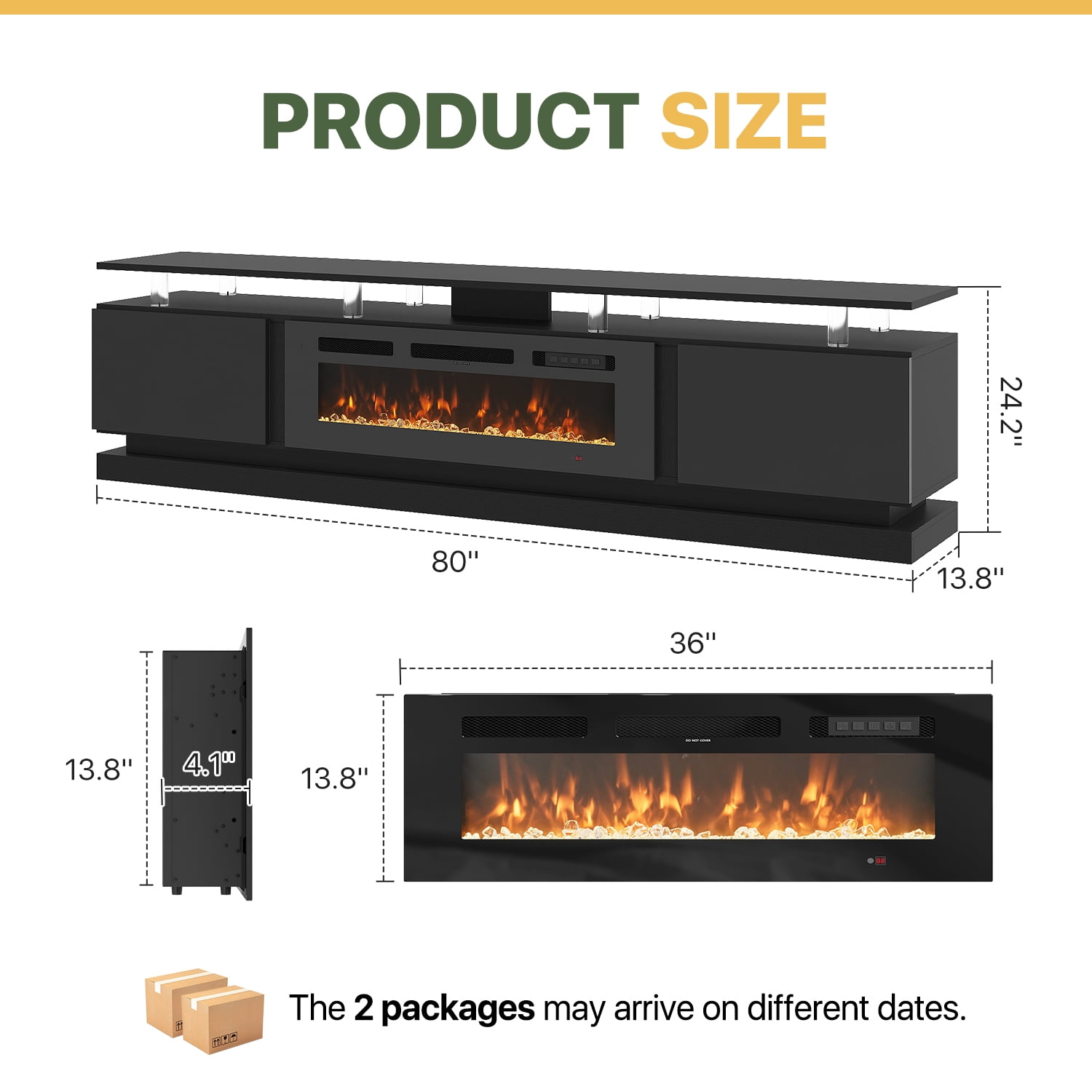 BaPiPro 80" Modern Electric Fireplace TV Stand for TVs Up to 90", Entertainment Center with Music Sync LED Lights & Storage Cabinets, Media Console for Living Room, Black