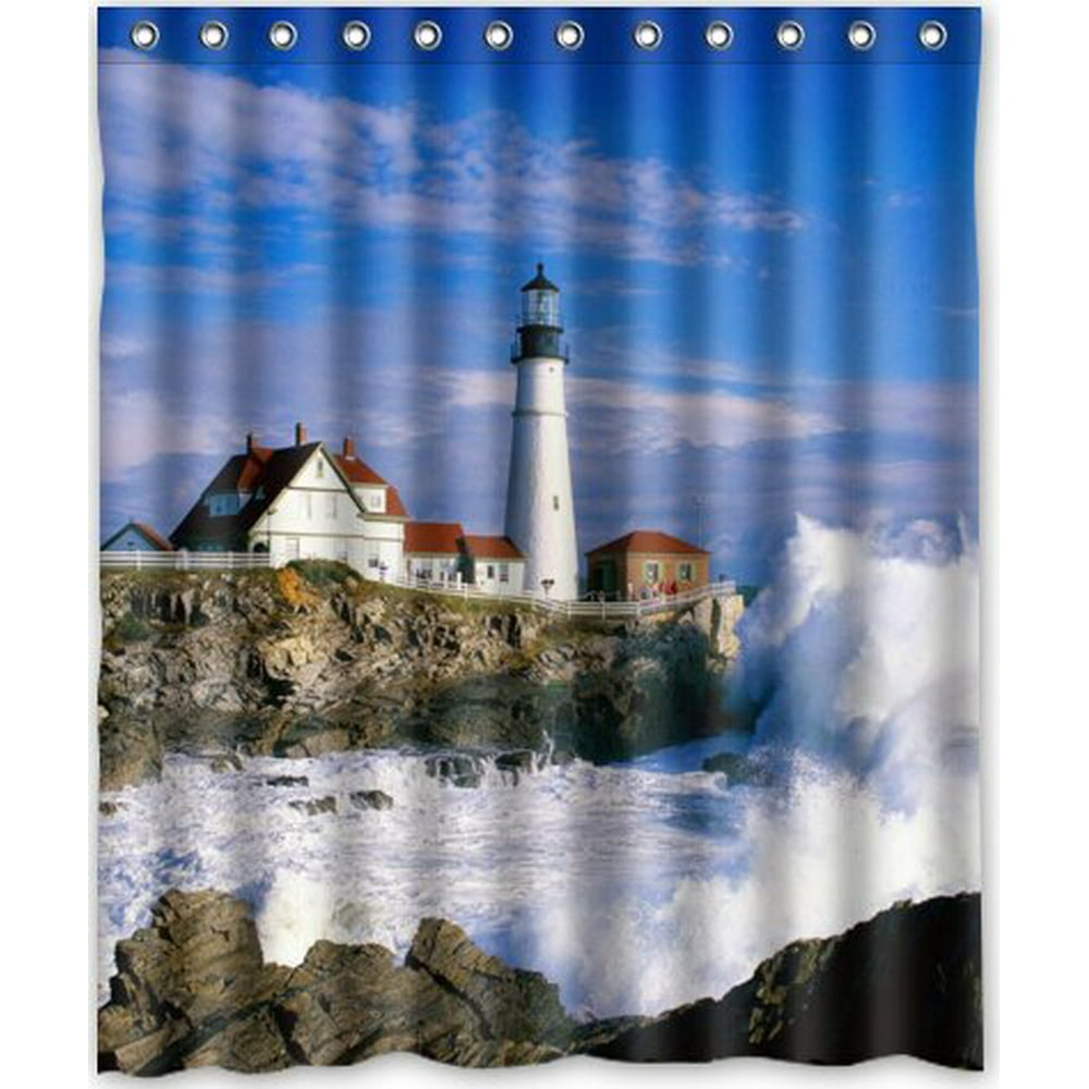 GreenDecor Lighthouse Waterproof Shower Curtain Set with Hooks Bathroom