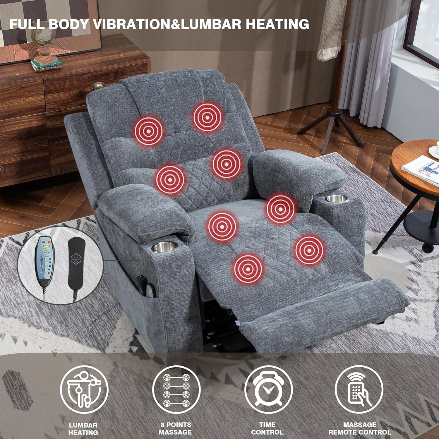 Lift Chair with Heat and Massage, Zero Gravity Lay Flat Recliner with Cup Holders & Adjustable Seat for Adults Living Room Lounge Recliners on Clearance