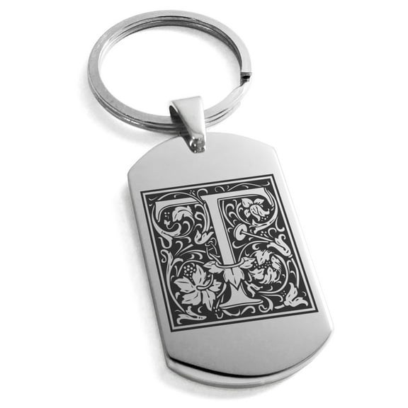 Stainless Steel Letter T Initial Floral Box Monogram Engraved Engraved Dog Tag Keychain Keyring