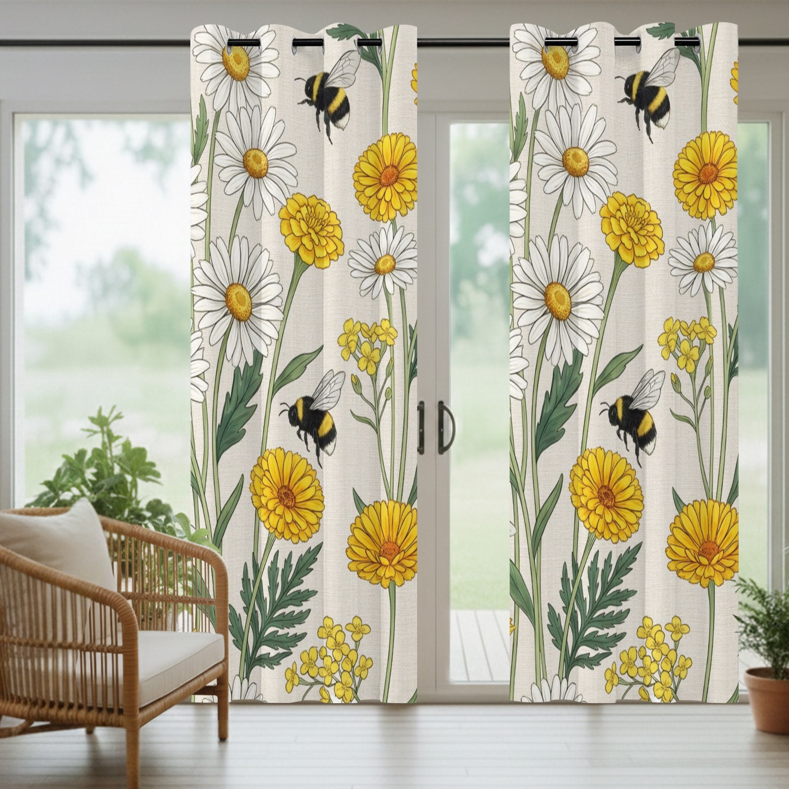Summer Daisy Outdoor Curtains for Patio, Rustic White Yellow Flower Bee Pastoral Floral Sunshade Privacy Drapes Grommet Waterproof Outside Curtains for Porch/Cabana/Balcony 54"x 108", 2 Panel