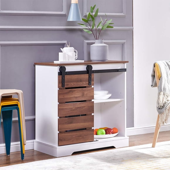 4HOMART Yvonne&F.L.A.M. Barn Door Storage Cabinet, Farmhouse Sliding Barn Door Wood Accent Chest Kitchen Buffet Cabinet with Adjustable Shelves for Entryway Bar Home Office (Dark Walnut+White)