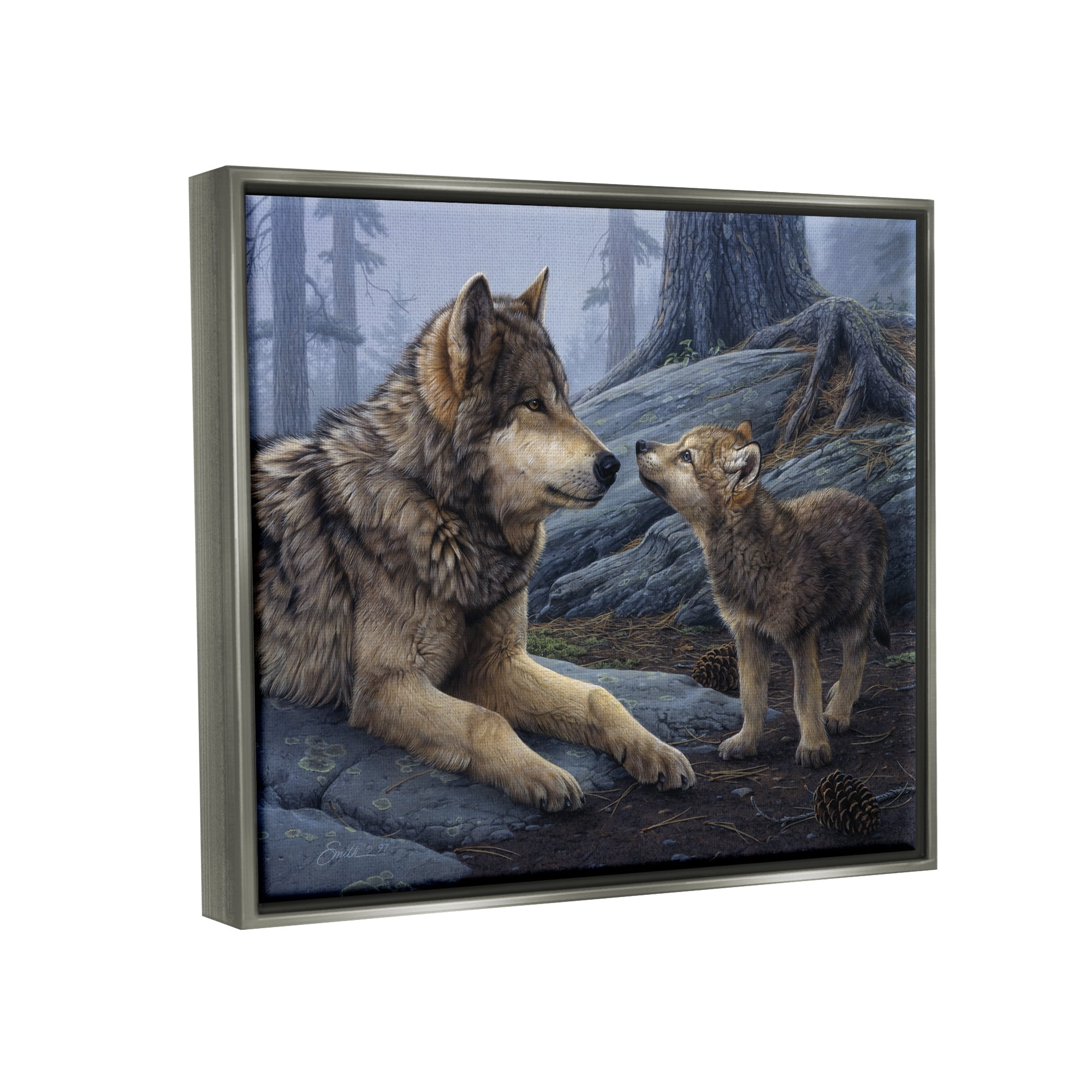 Stupell Industries Wolf & Cub Woodland Forest Animals & Insects Painting Gray Floater Framed Art Print Wall Art