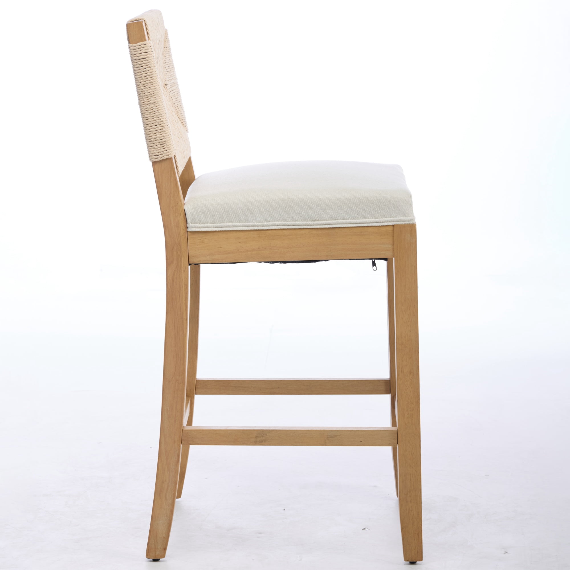 Garitin Bar Stool Set of 2 and Hand Woven Rattan Counter Stools, 27 Inch Seat Height with Linen Cushion for Kitchen Island, Beige