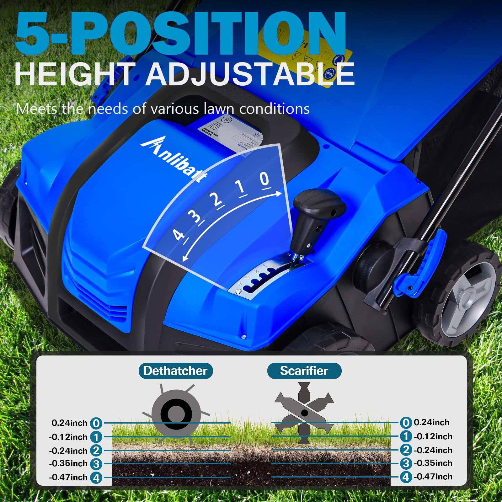 ANLIBATT 16 In Dethatcher Scarifier 15 Amp Corded Electric 2 in 1 Thatching Rake with 5 Position Depth Adjustment 14.5 Gallon Collection Bag Push Lawn Machine